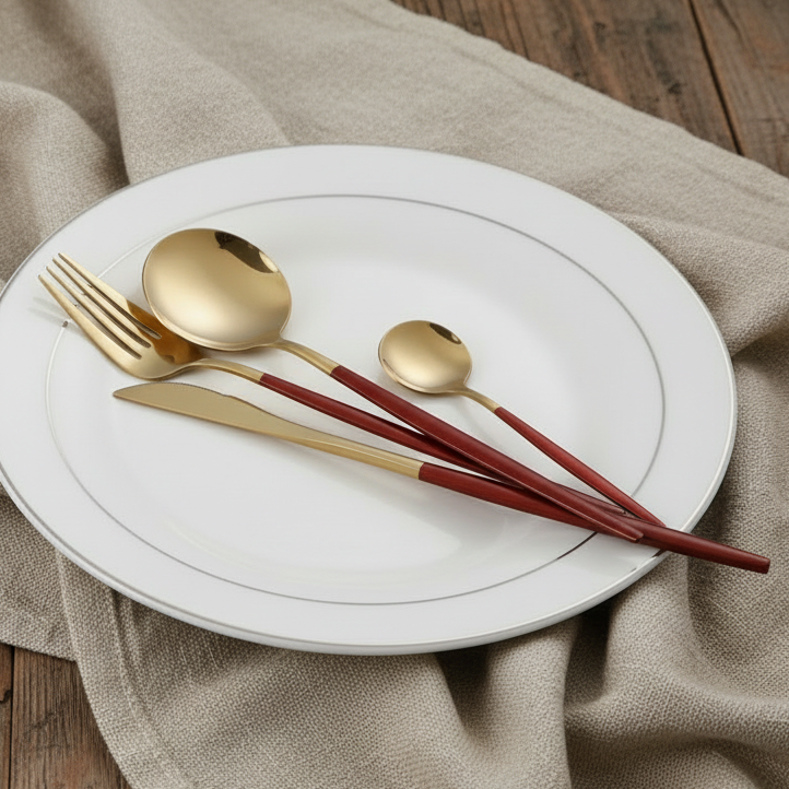 Bestick i lyxig design Vinrött & Guld